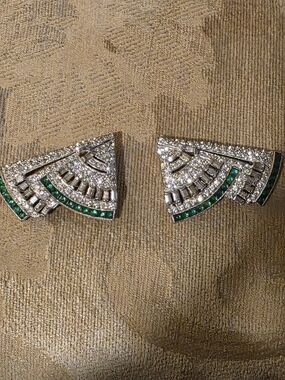 Emerald Accent Art Deco Fan Brooches - Women Jewelry